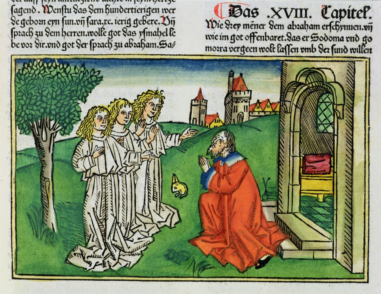Genesis 18:2 Abraham en de drie engelen, uit de Neurenbergse Bijbel (Biblia Sacra Germanaica) door German School