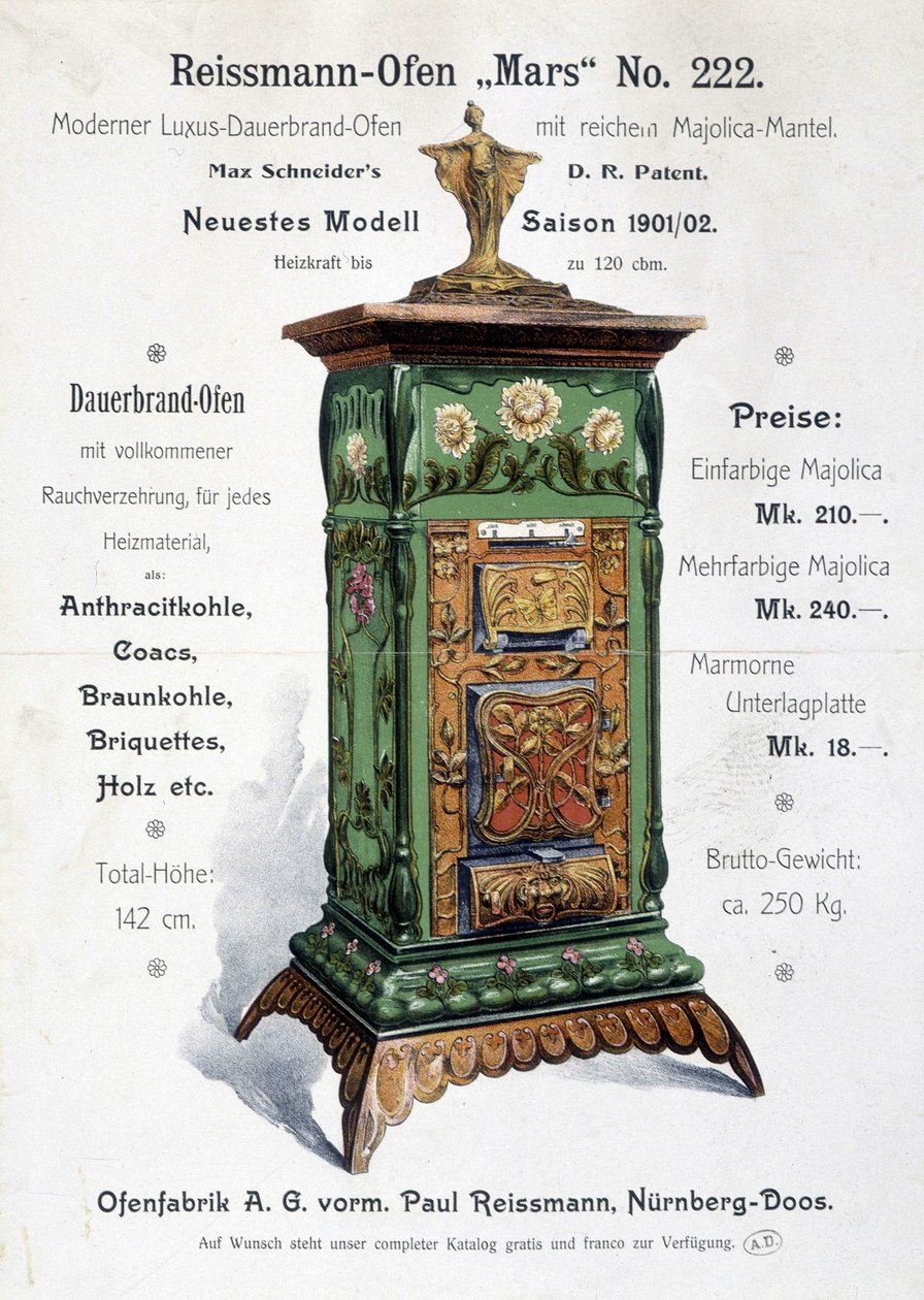 Duitse reclame voor een art nouveau stijl ketel, eind 19e eeuw door German School