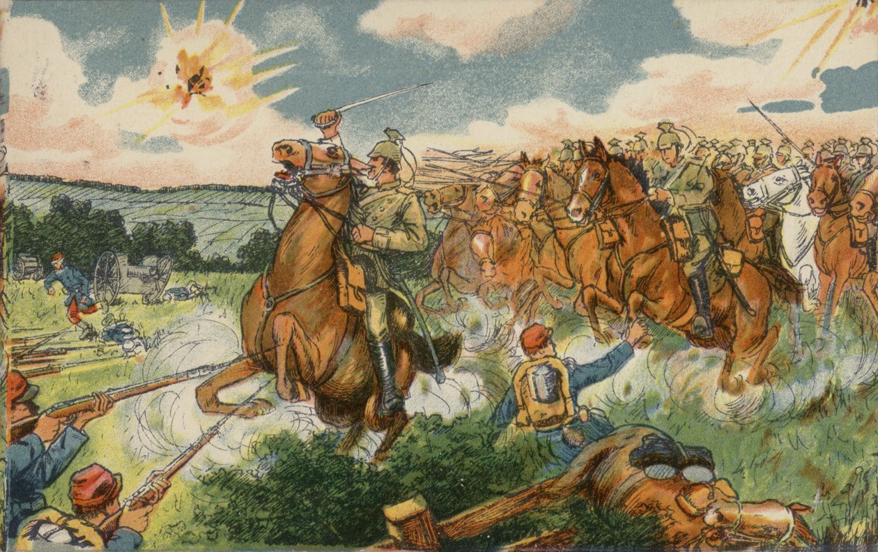 Duitse cavalerie onder bevel van kroonprins Wilhelm valt Franse troepen aan bij Longwy, Frankrijk, Eerste Wereldoorlog door German School