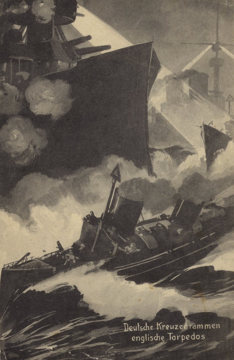 Duitse kruiser ramt Britse torpedoboot, Eerste Wereldoorlog (litho) door German School
