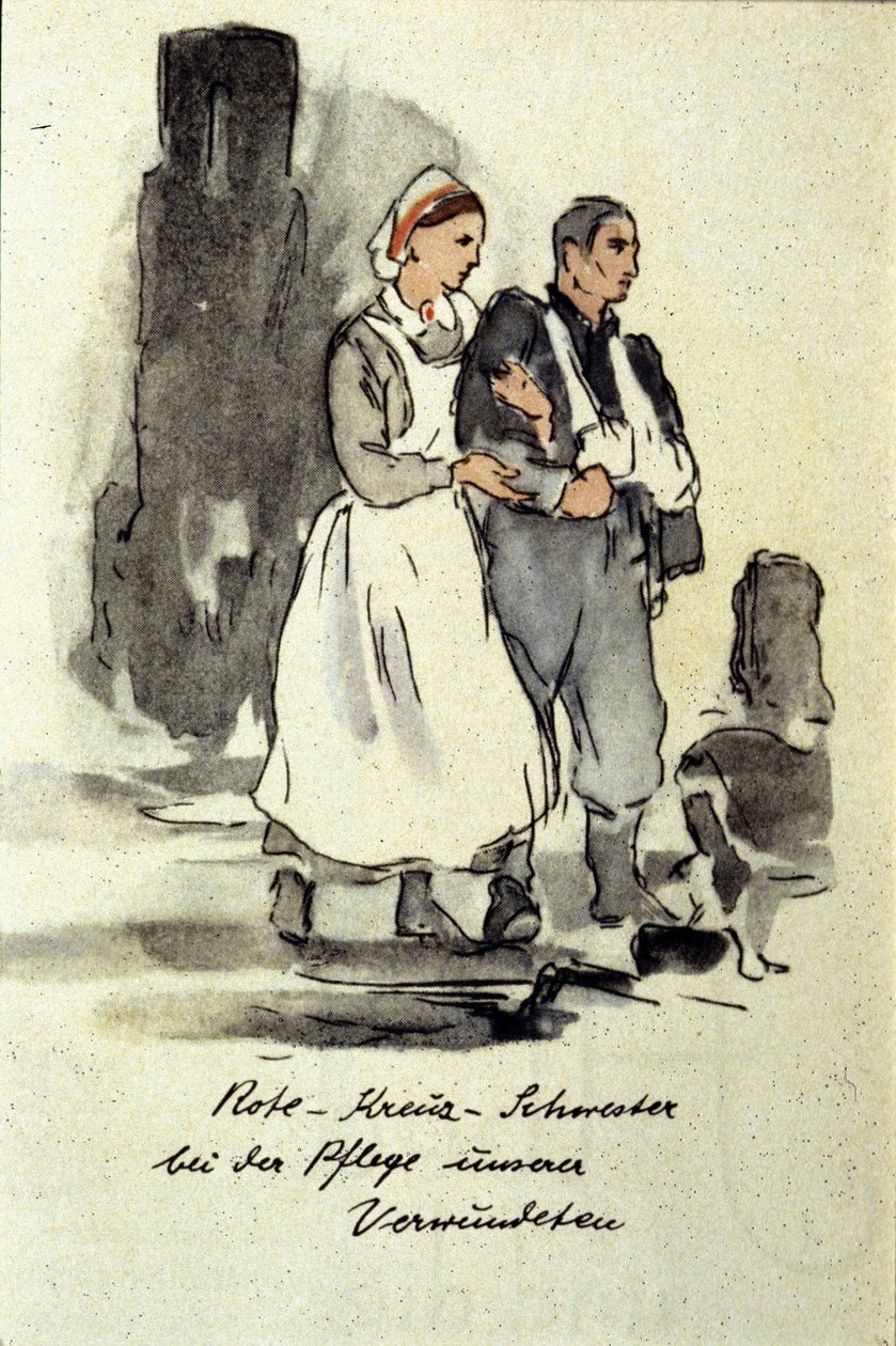 Duitse verpleegster ondersteunt een gewonde man. 1942 door German School
