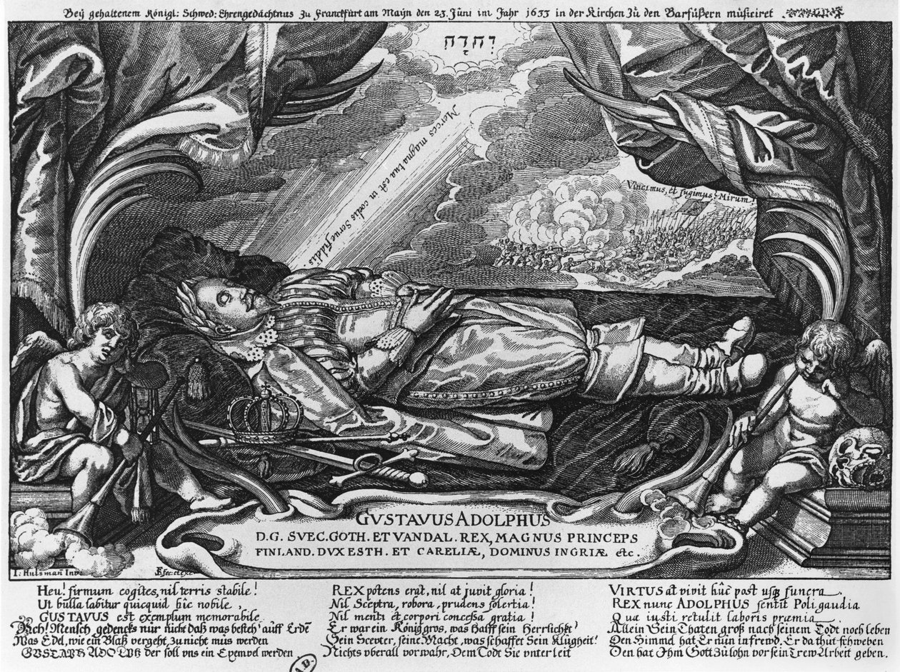 Gustavus Adolphus II (1594-1632), koning van Zweden, op zijn sterfbed, 1633 door German School