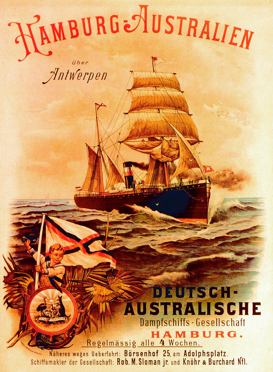Hamburg - Australië, poster ter promotie van de Duitse Australische Stoombootmaatschappij, 1889 door German School