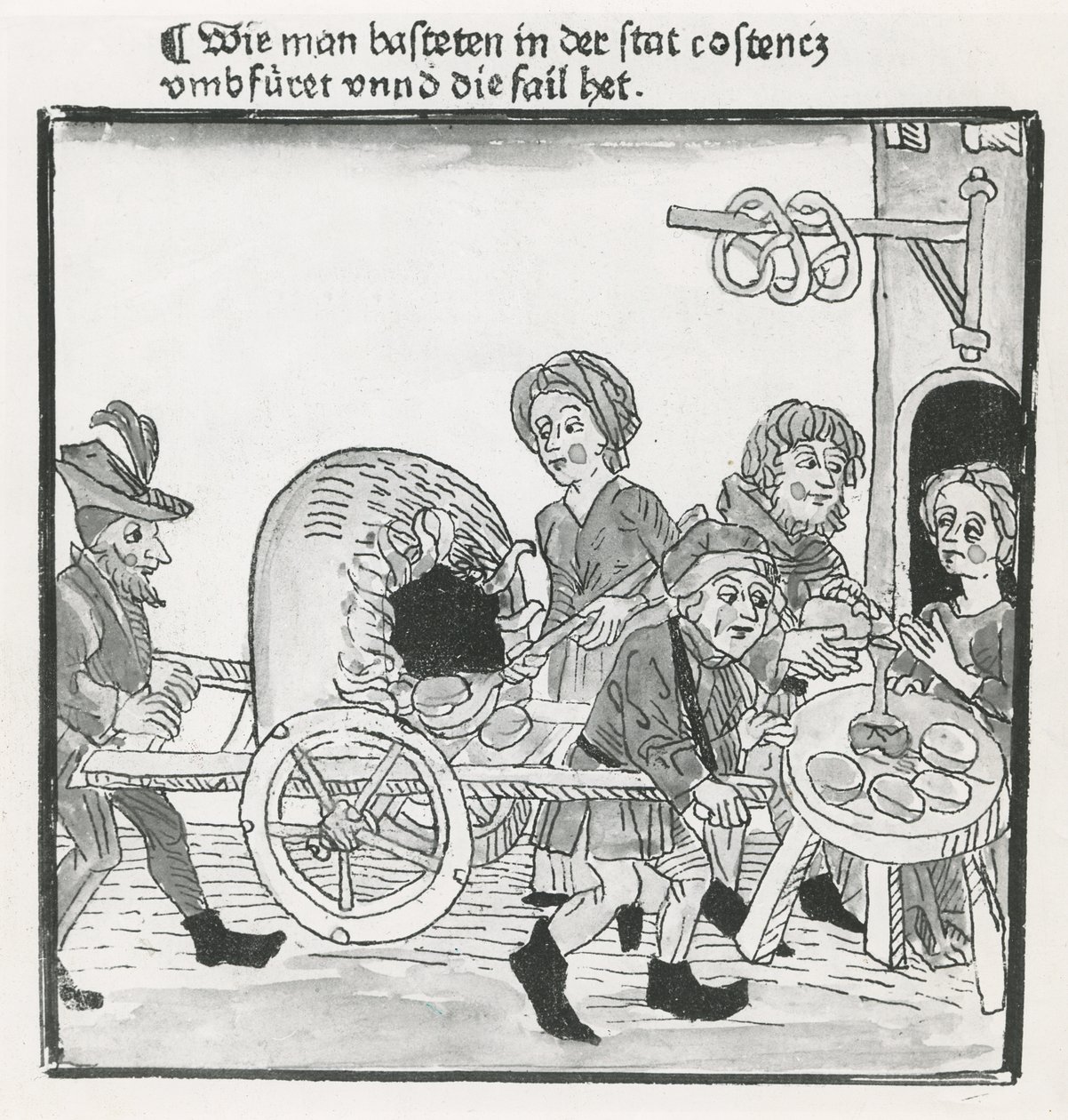 Pannenkoeken- en pretzelverkoper, tijdens het Concilie van Konstanz in 1417, naar een incunabel, c.1485 door German School