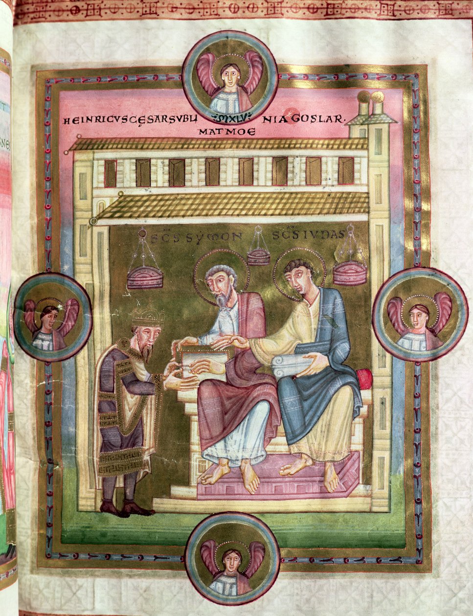Hendrik III (1017-56) met de Apostelen Simon en Judas, uit de Codex Caesareus Upsaliensis, ca. 1045 door German School