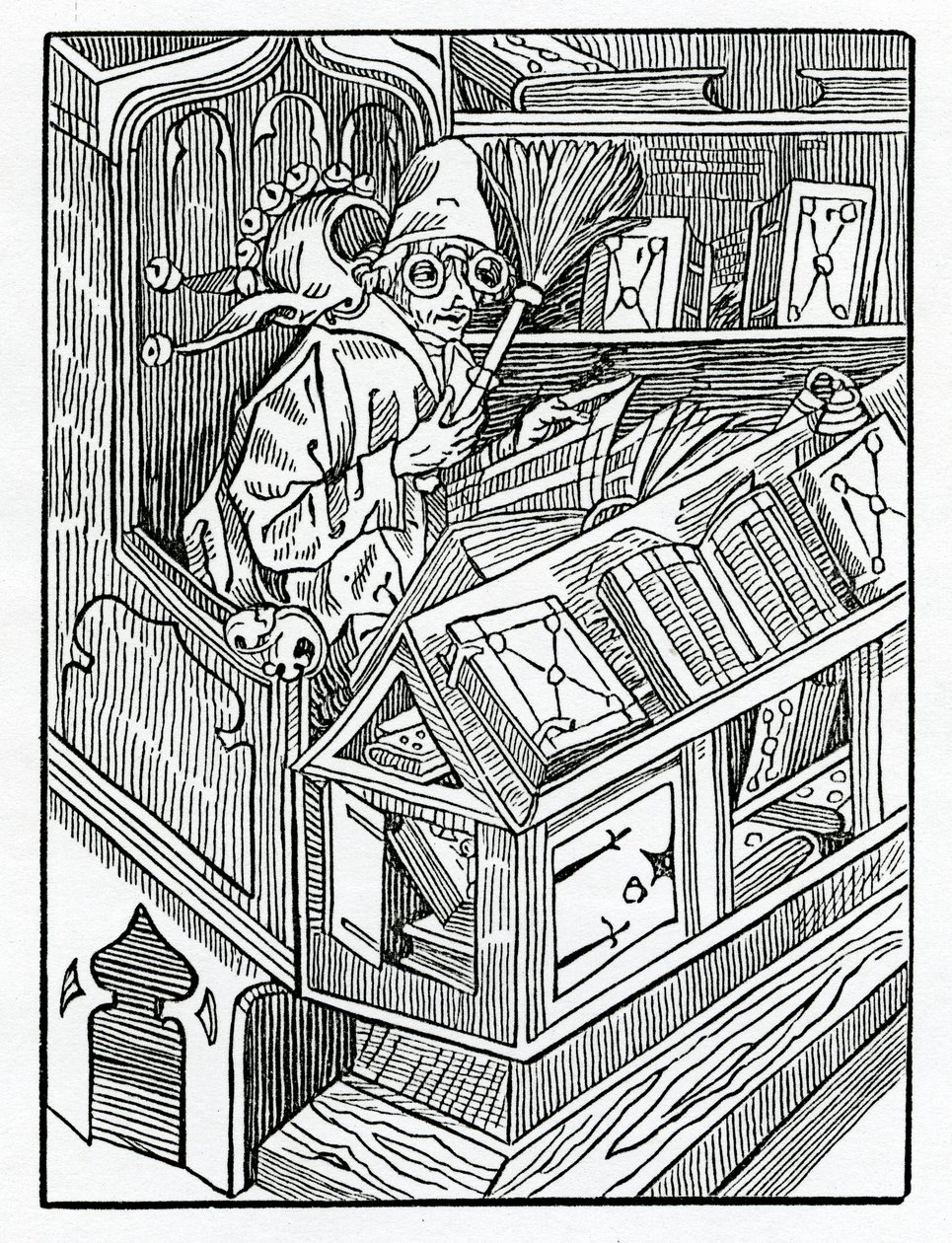 Hier begint de dwaasheid en eerst onbruikbare boeken, illustratie uit Alexander Barclay
