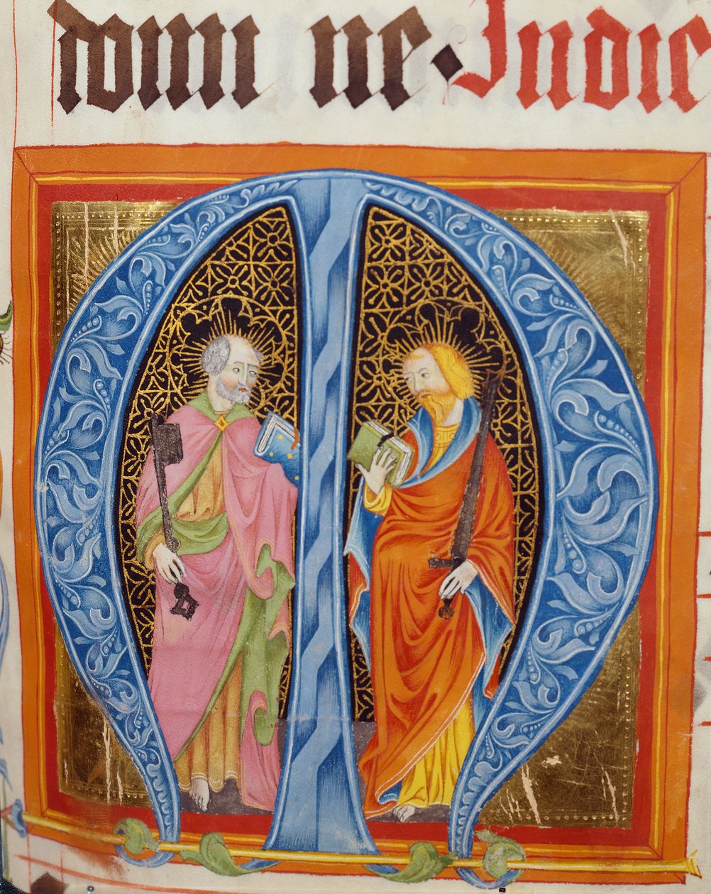 Geïllustreerde Initiaal M met de Heiligen Petrus en Paulus, uit het Graduale van Friedrich Zollner van Langenzenn, 1439-42 door German School
