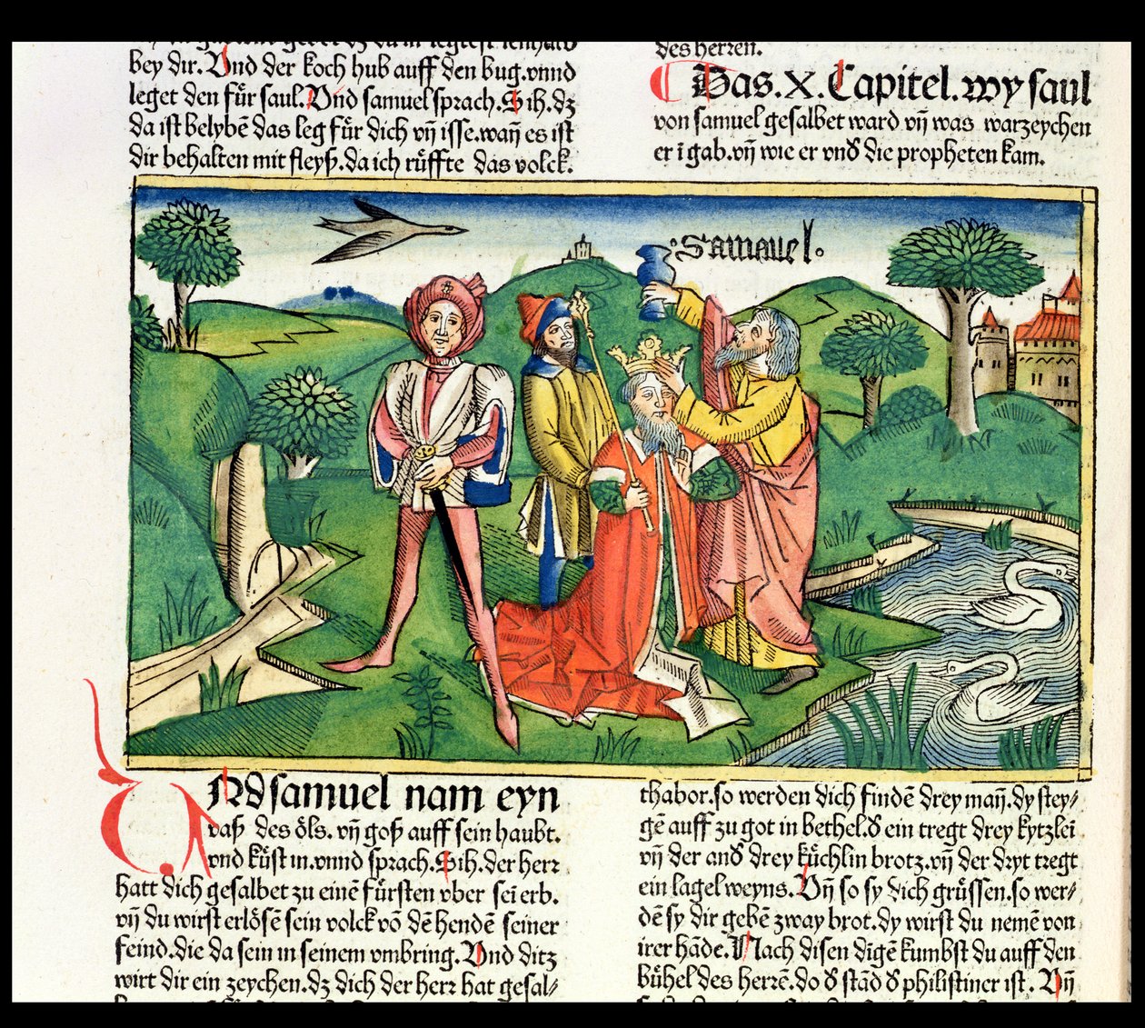 1 Samuel 10 De kroning en zalving van Saul, uit de Neurenbergse Bijbel (Biblia Sacra Germanaica) door German School