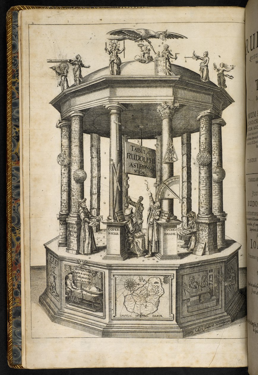 Geïllustreerde frontispice met een Tempel van Urania, de Muze van Astronomie, uit 