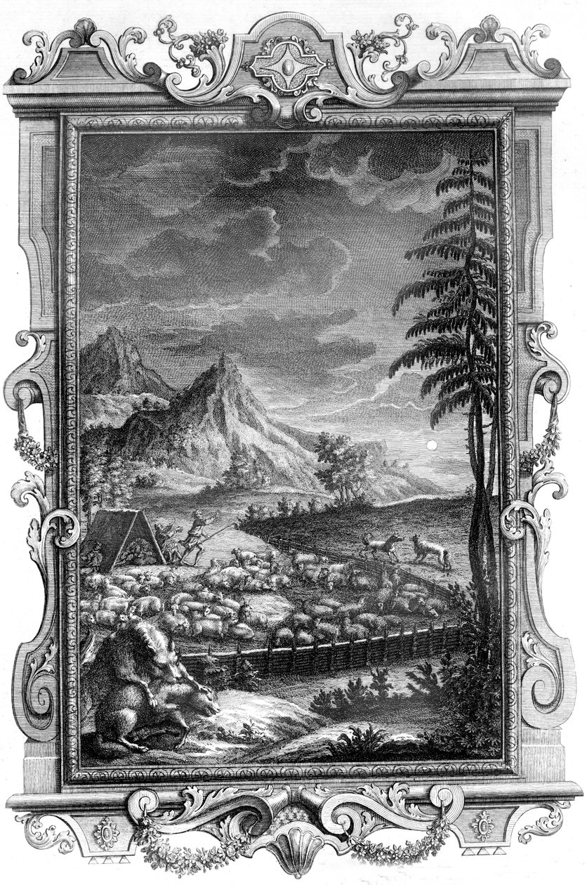 Jacob, de trouwe herder, beschermt zijn kudde schapen tegen de aanval van wolven, 1731 door German School