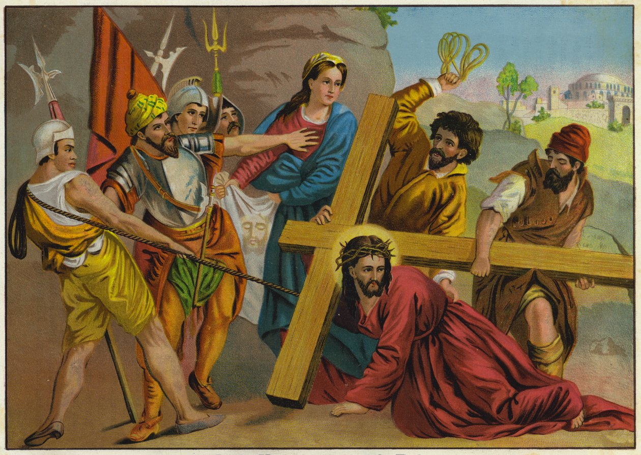 Jezus vallend onder het gewicht van zijn kruis op weg naar zijn kruisiging (kleurenlitho) door German School