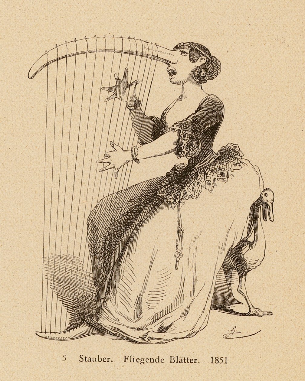 Joodse vrouw bespeelt een harp geregen aan haar lange neus door German School