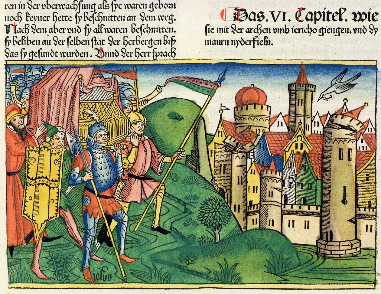 Jozua 6:4-21 De val van Jericho, uit de Neurenbergse Bijbel (Biblia Sacra Germanaica) door German School