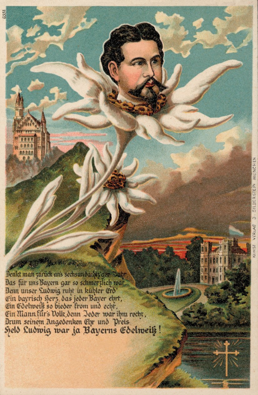 Koning Ludwig II van Beieren afgebeeld als edelweiss (chromolitho) door German School