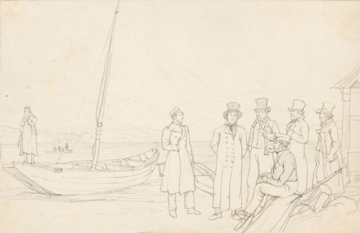 Landschap aan het meer met zeven figuren door German School