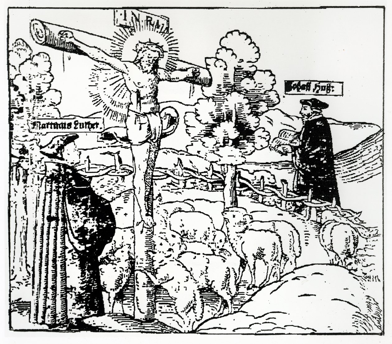 Luther (1483-1546) en Hus (1369-1415) met Christus in de schaapskooi, c.1520-21 door German School