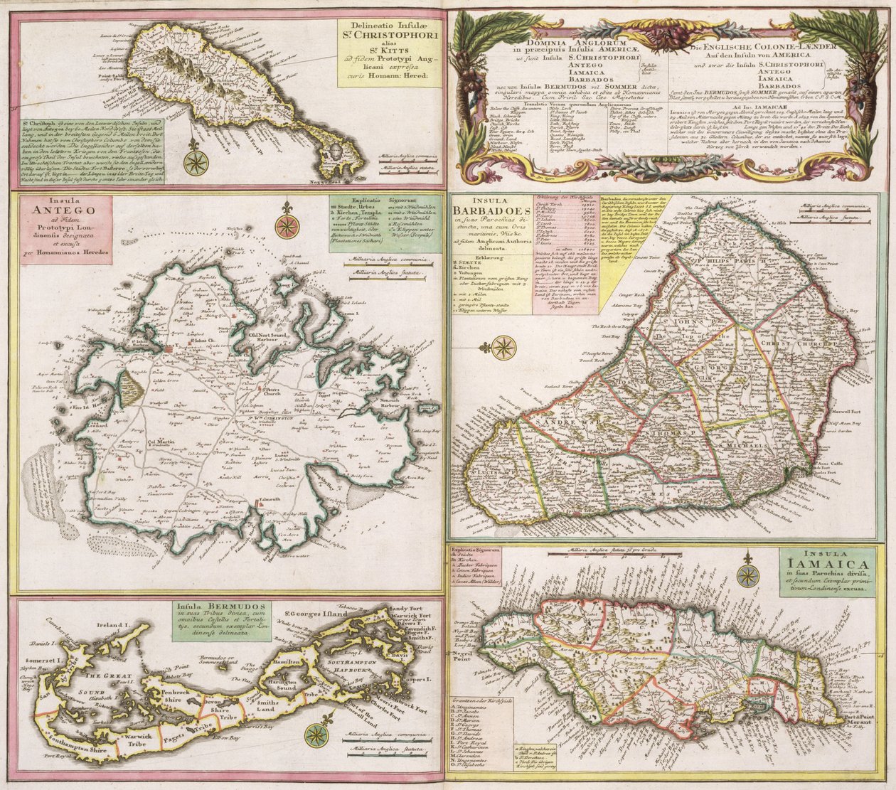 Kaart van Engelse Koloniën in het Caribisch gebied, uitgegeven door Homanns Erven, Neurenberg, ca.1750 door German School