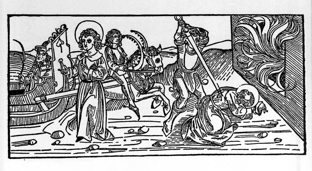 Martelaarschap van Sint Polycarpus van Smyrna (ca. 69-155), bisschop. Gravure uit het 