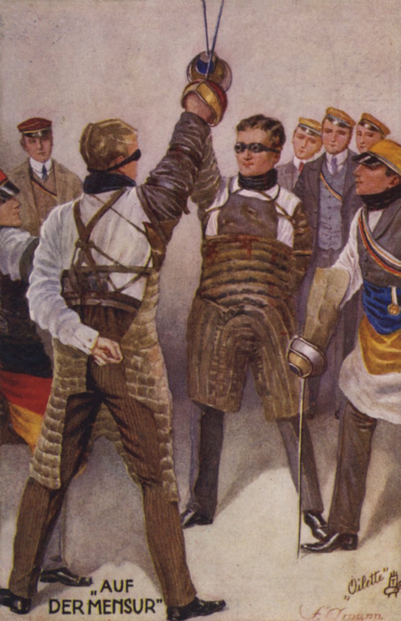 Mensur (kleurenlitho) door German School