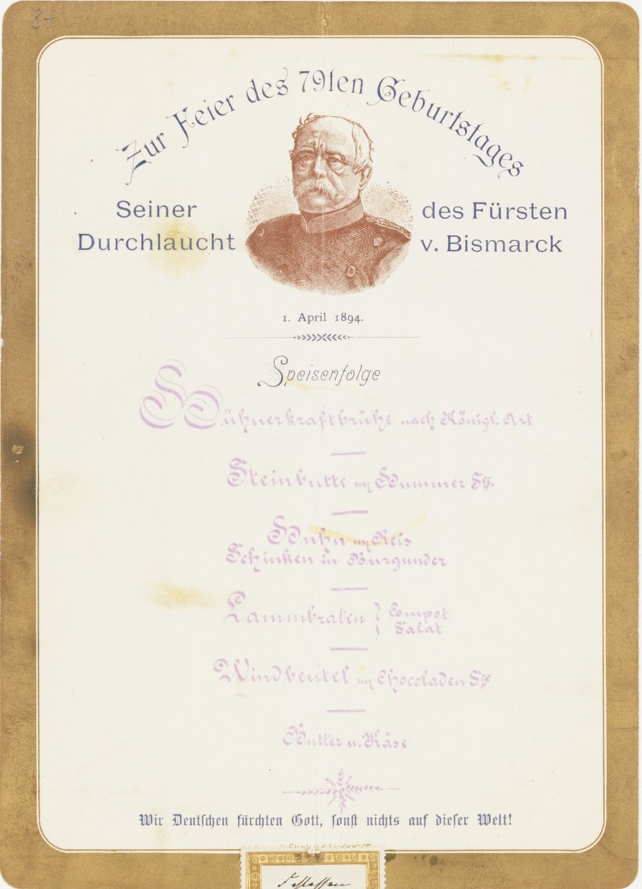 Menu bij de 79e verjaardag van Prins von Bismarck op 1 april 1894 door German School