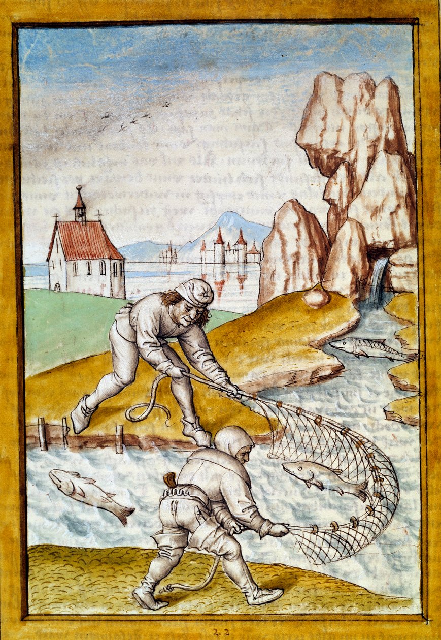Miniatuur netvissen uit een Duitse vertaling van de fabels van 