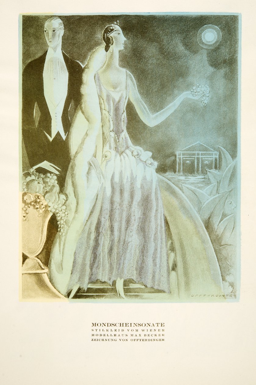 Mondscheinsonate, jurk gestyled door Wiener, uit Styl, pub.1922 (pochoirprint) door German School