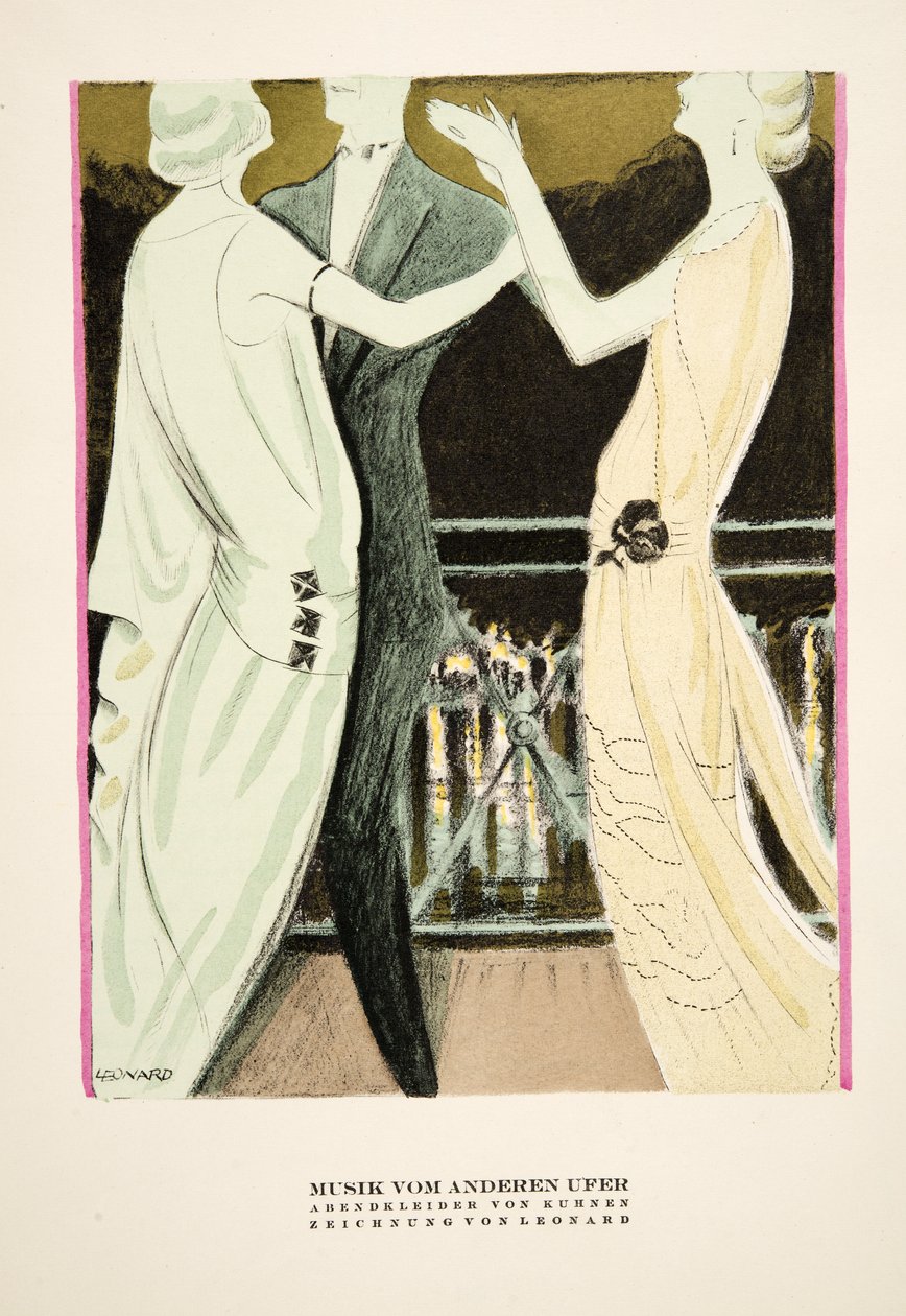 "Musik vom Anderen Ufer", reclame voor avondjurken van Kuhnen, uit Styl, pub.1922 (pochoirdruk) door German School