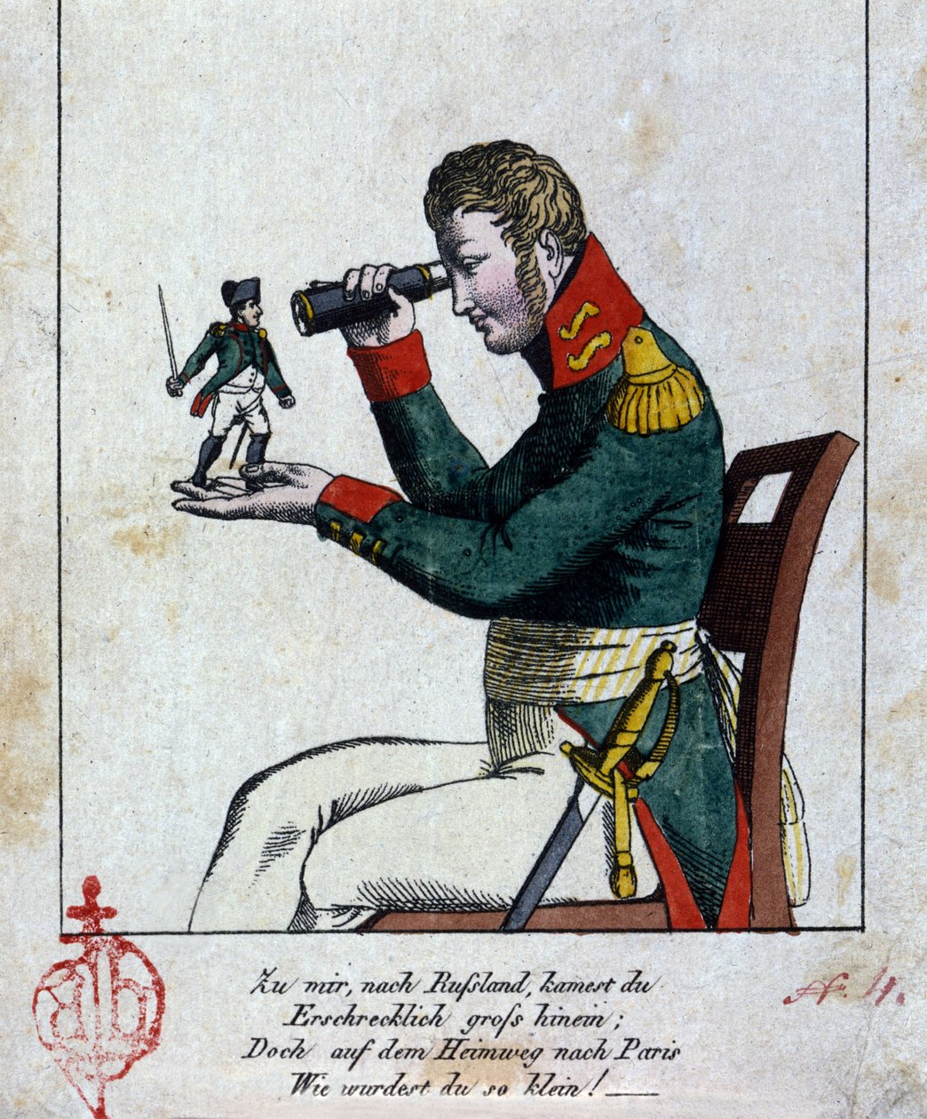 Napoleon I: de Russische campagne Thuis, in Rusland, werd je verschrikkelijk groot, maar op je terugweg naar Parijs, werd je klein! (trouwens, het rijmt!!!) Kus. Duitse karikatuur van de 19e eeuw door German School