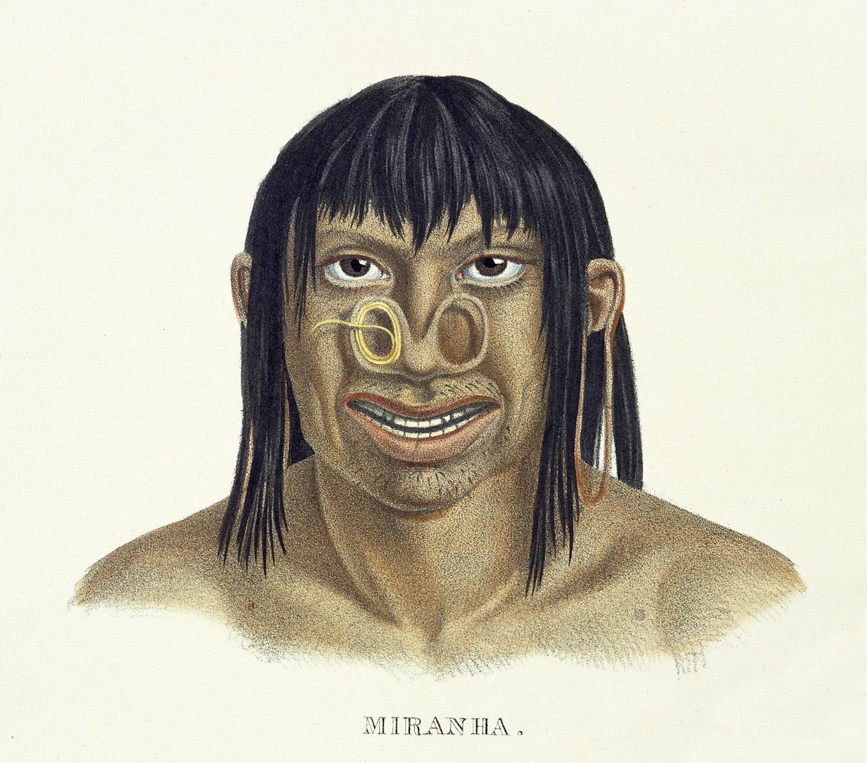 Inheemse man van de Miranha-stam, met neusdecoratie, uit Atlas van een reis in Brazilië door Johann Baptist von Spix (1781-1826) en Karl Friedrich Philipp Martius (1794-1868), gepubliceerd ca. 1835-50 door German School