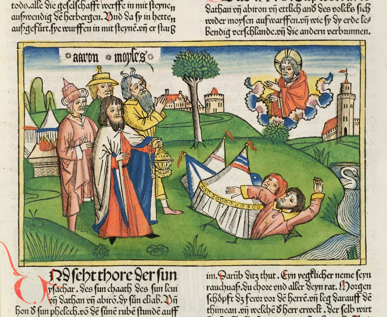 Numeri 16:32 De aarde slokt de rebellen Dathan en Abiram op, uit de Neurenbergse Bijbel (Biblia Sacra Germanaica) door German School
