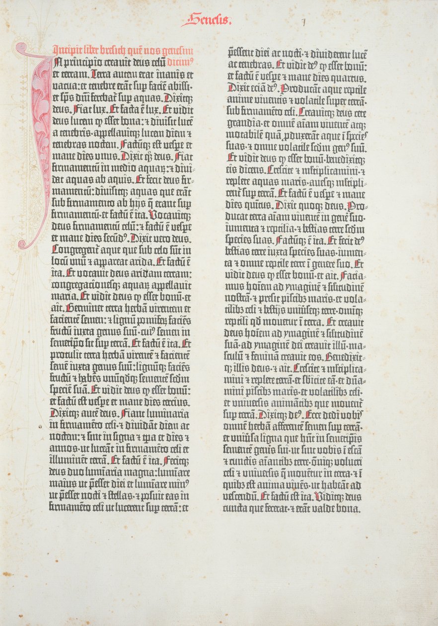 Openingspagina van het boek Genesis uit de Gutenberg Bijbel, gedrukt door Johannes Gutenberg (c.1400-68) en Peter Schoeffer (1425-1502) in Mainz, 1454-56 door German School