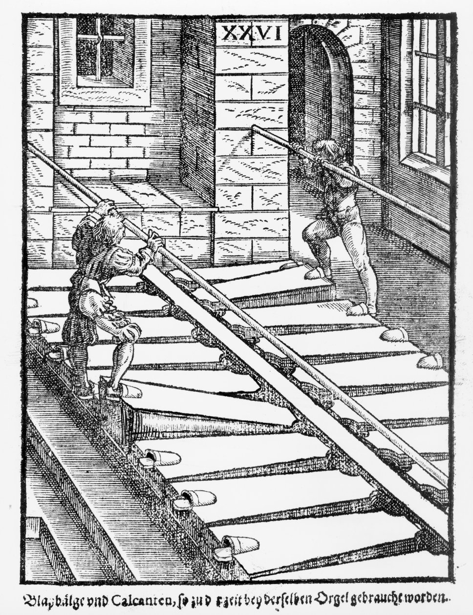 Orgelbalgen en blazers in de kathedraal van Halberstadt, uit Praetorious Syntagma Musicum, gepubliceerd in 1619 door German School