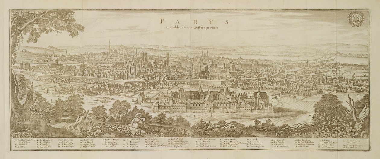 Panoramisch uitzicht op Parijs in 1620, uit Topographia Galliae door Martin Zeiller (1589-1661) gepubliceerd 1655 door German School