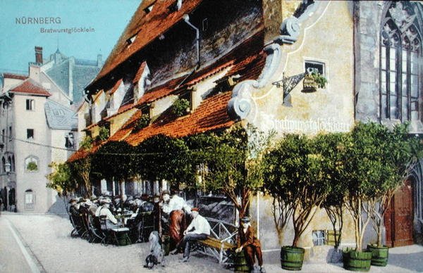 Ansichtkaart die het Bratwurstglocklein-restaurant in Neurenberg afbeeldt, voor 1914 door German School