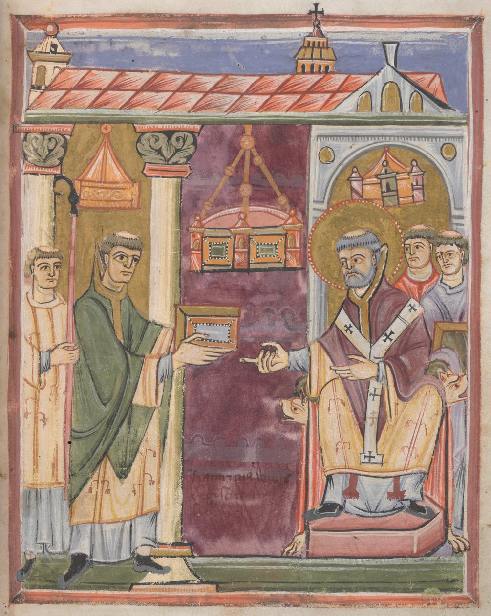 Priester die een boek aanbiedt [aan St. Augustinus?] door German School