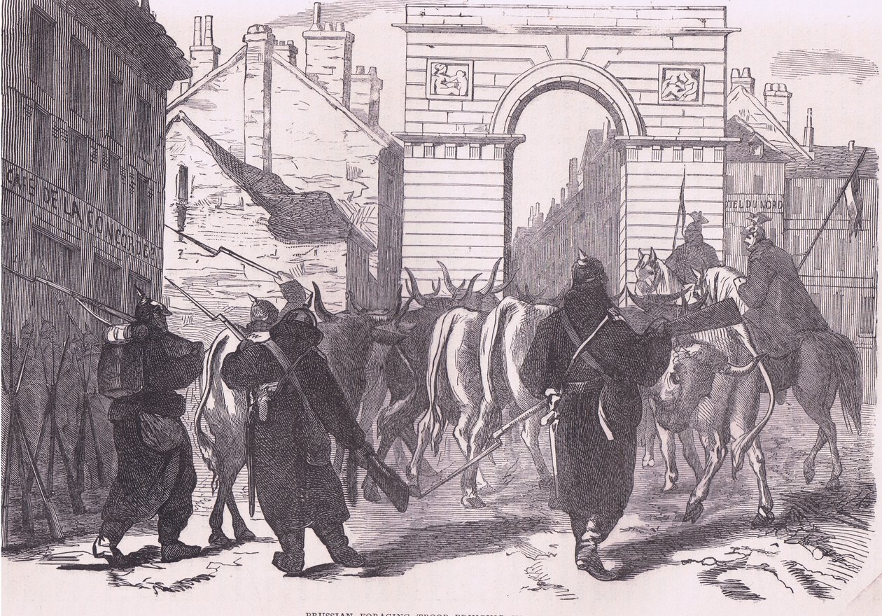 Pruisische foeragerende troepen brengen vee binnen, Cassells Geschiedenis van de oorlog tussen Frankrijk en Duitsland uitgegeven door Cassell and Company Limited, ca. 1890 door German School