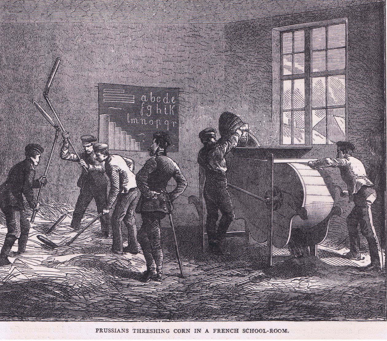 Pruisen die graan dorsen in een Franse school, Cassells Geschiedenis van de Oorlog tussen Frankrijk en Duitsland uitgegeven door Cassell and Company Limited, c.1890 door German School