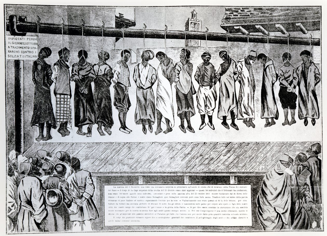 Openbare executie van burgers van Tripoli, die zich verzetten tegen de Italiaanse invasie in 1911, uit Simplicissimus magazine, 1912 door German School