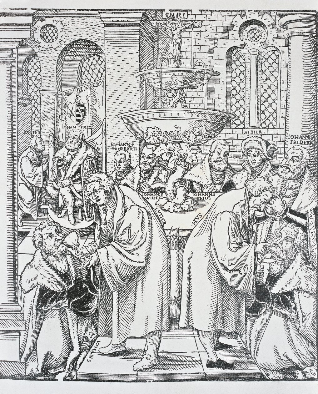 Hervormers Maarten Luther en Jan Hus dienen de communie toe door German School