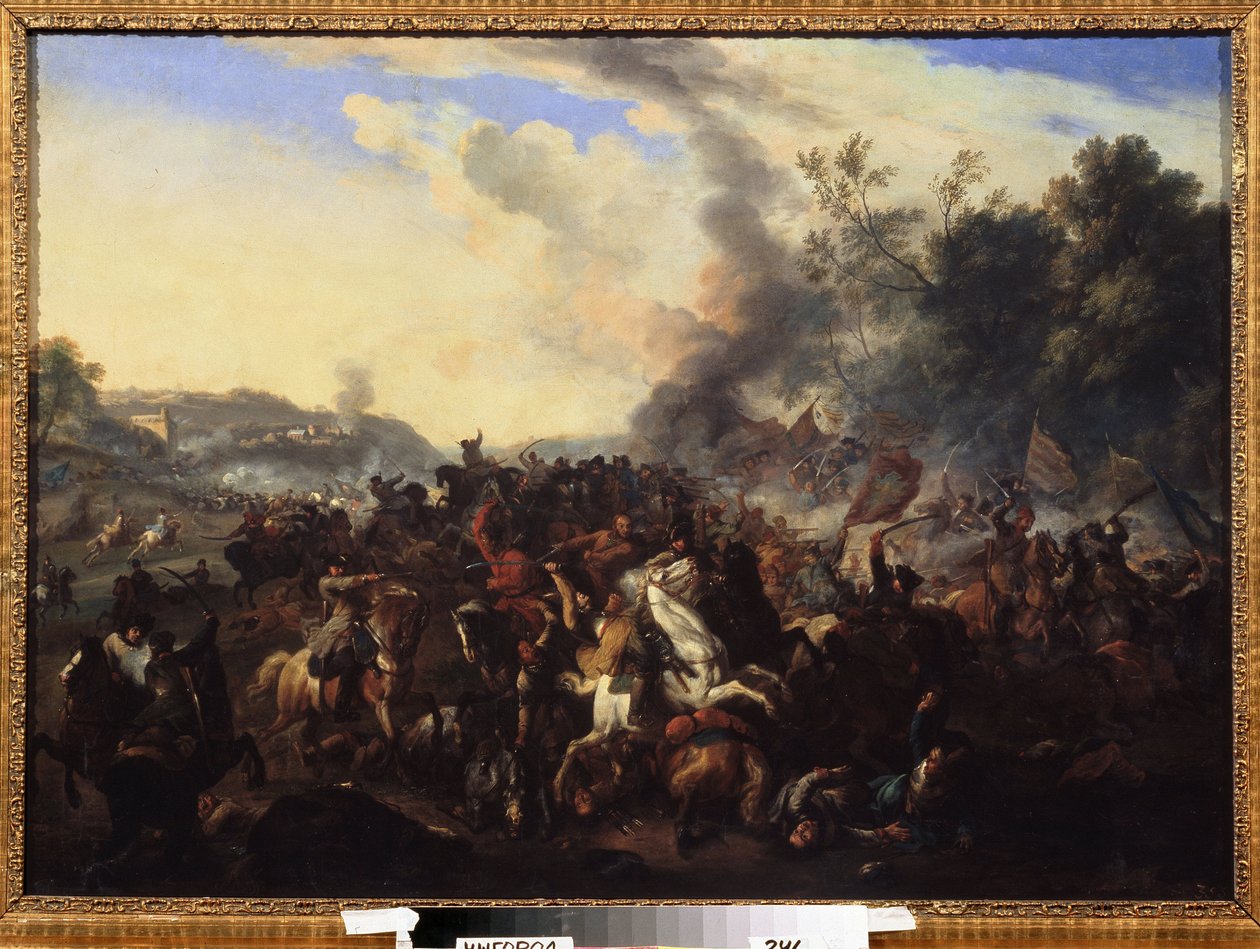 Slagveld, ruiters en paarden opgestapeld tijdens een gevecht, anoniem schilderij van de Duitse school, 17e eeuw, Regionaal Kunstmuseum, Oezjhorod, Oekraïne door German School