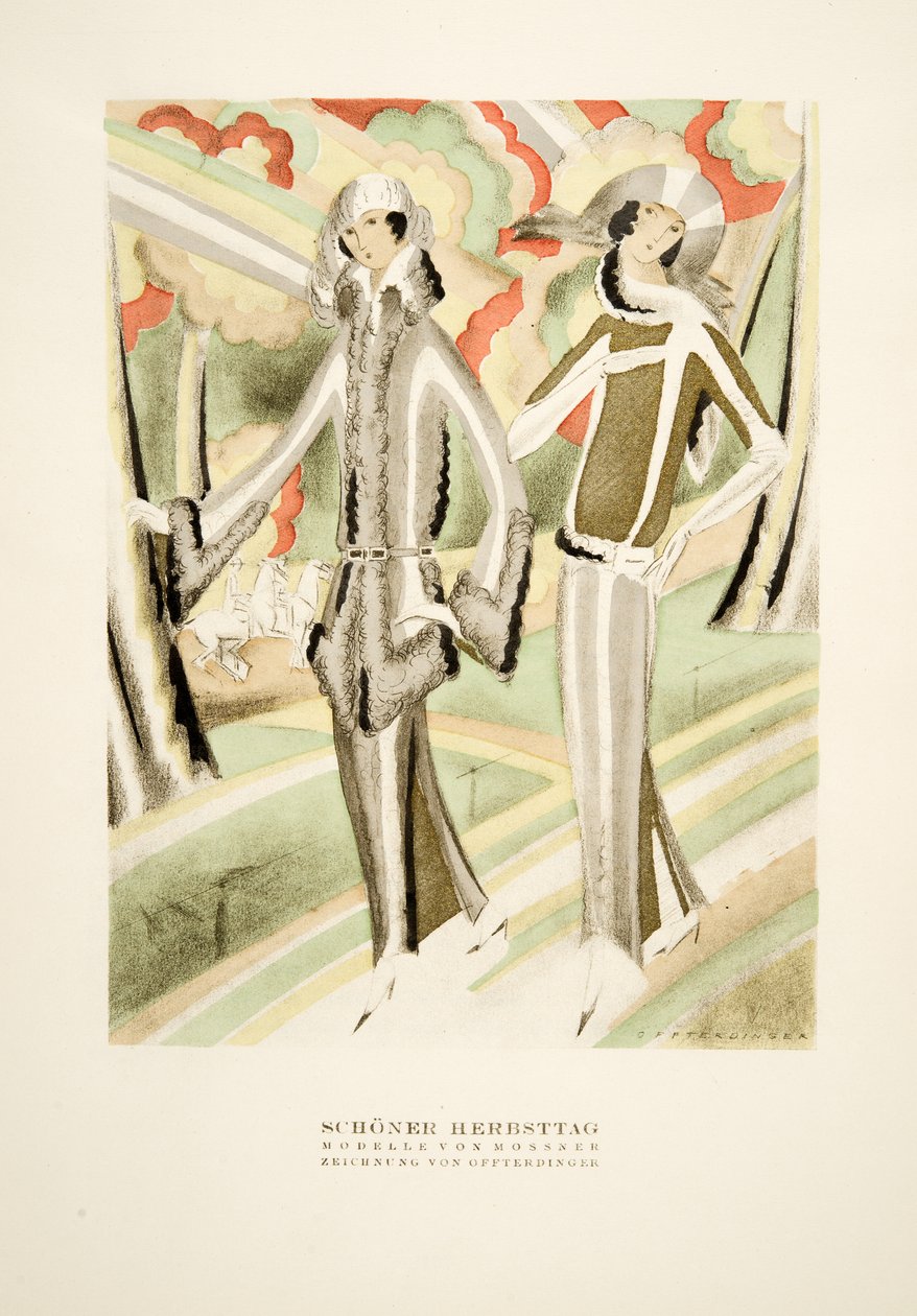 Schöner Herbsttag, outfits van Mossner, uit Styl, pub.1922 (pochoirdruk) door German School