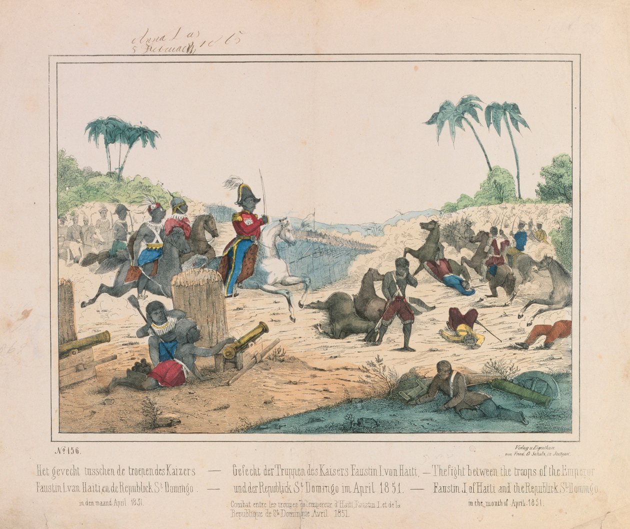 Schermutseling tussen troepen van Keizer Fuastin I van Haïti en de Dominicaanse Republiek van Santo Domingo in april 1851, picturaal pamflet uitgegeven door Fried. Schulz Verlag, Stuttgart, 1851 door German School