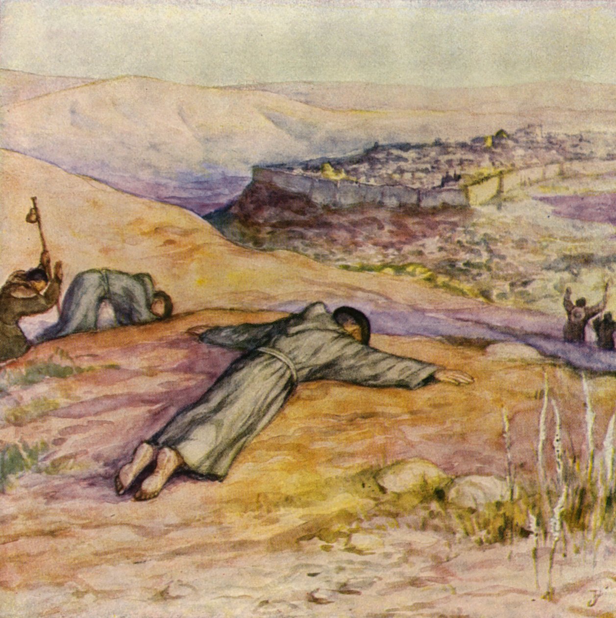 Franciscus komt aan in Jeruzalem (kleurenlitho) door German School