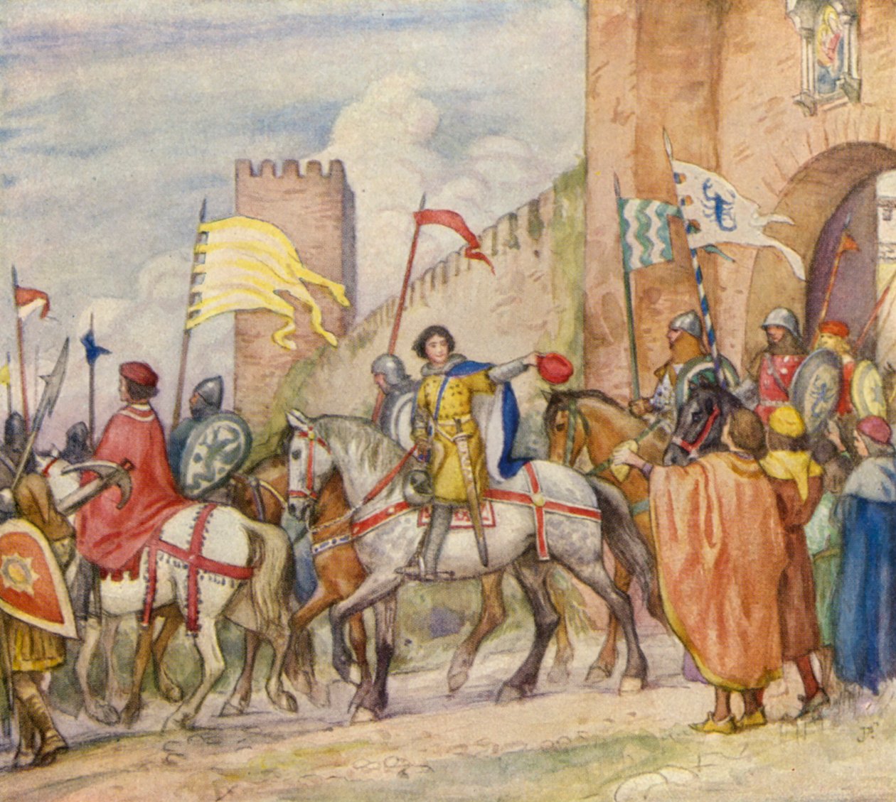 Franciscus van Assisi op weg naar de oorlog (kleurenlitho) door German School