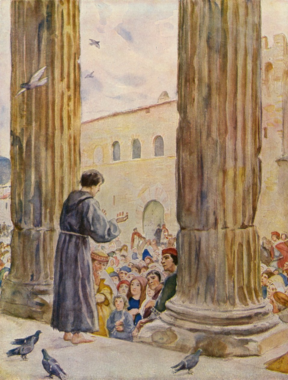 Franciscus houdt zijn eerste preek (kleurenlitho) door German School