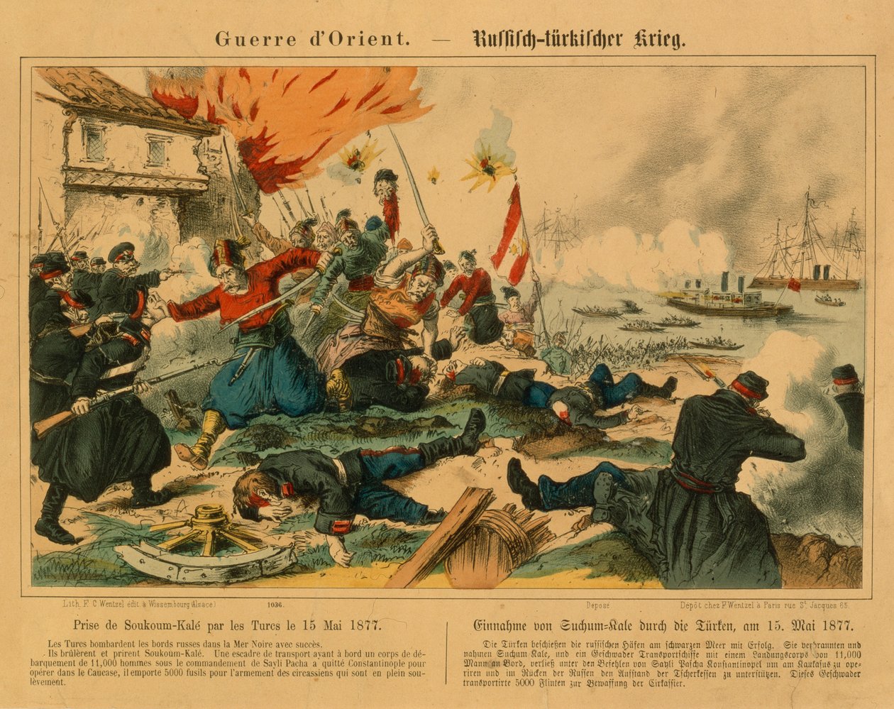 Inname van Suchum-Kale door de Turken tijdens de Russisch-Turkse Oorlog, 15 mei 1877, uitgegeven door F.C. Wentzel, Weissenburg, 1877 door German School