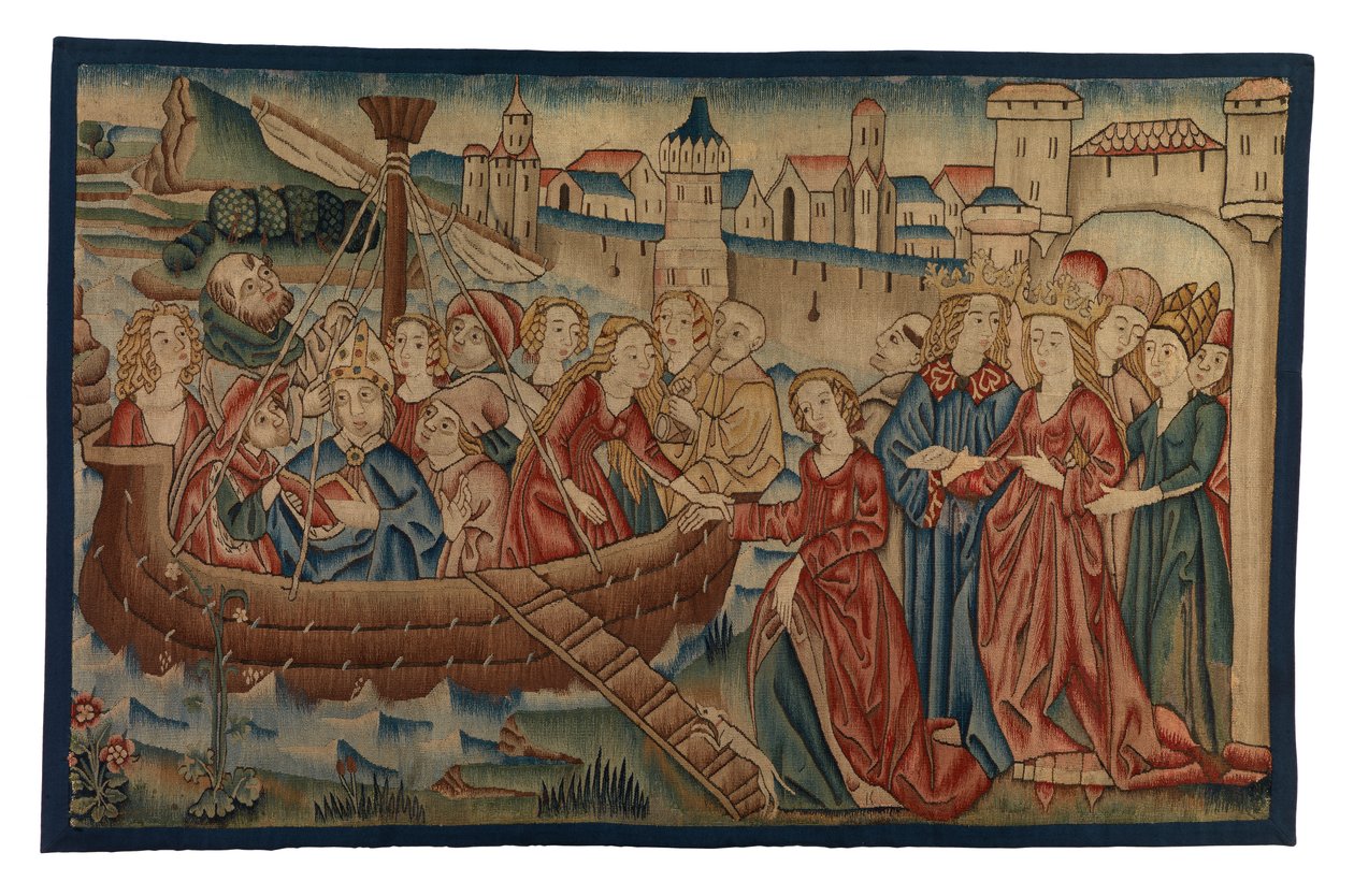 Tapijtpaneel met de ontmoeting van St. Ursula en Prins Artherius in Mainz, uit Midden-Rijnland, eind 15e eeuw (wol & metaalgaren) door German School