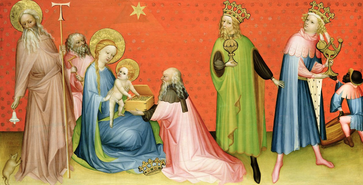 De aanbidding der wijzen met Sint Antonius Abt, 1400-10 door German School