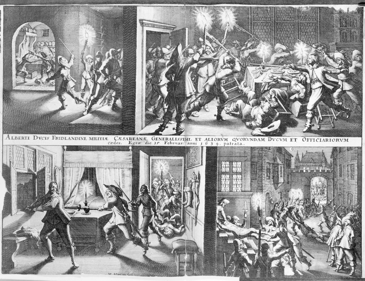 De moord op Albrecht von Wallenstein (1583-1634) bij Eger door een leger Ierse en Schotse officieren onder leiding van generaal Butler, 25 februari 1634 (gravure) door German School