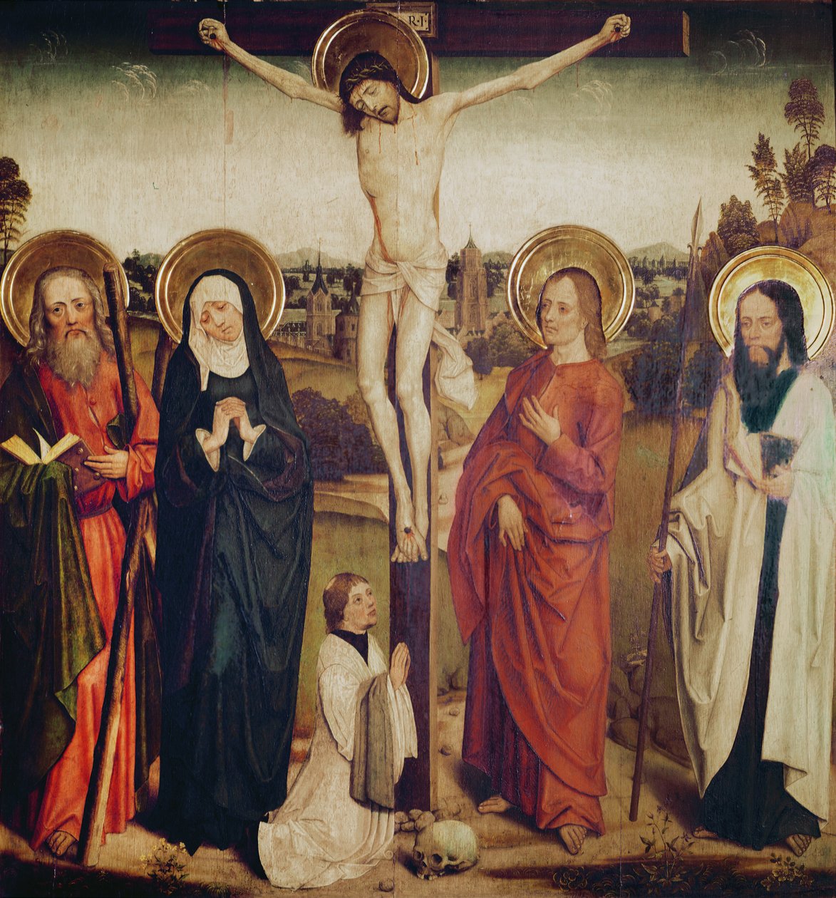 De Kruisiging, met Sint Andreas, Sint Matteüs en een man knielend aan de voet van het kruis door German School